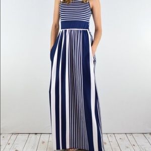 Navy Stripe Side-Pocket Maxi Dress